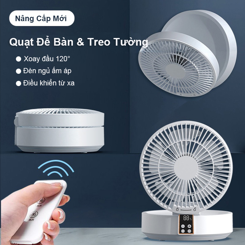 Quạt Điện Mini Để Bàn treo tường Dạng Gập USB Tích Hợp Đèn LED Và Điều Khiển Từ Xa xoay đầu 120°