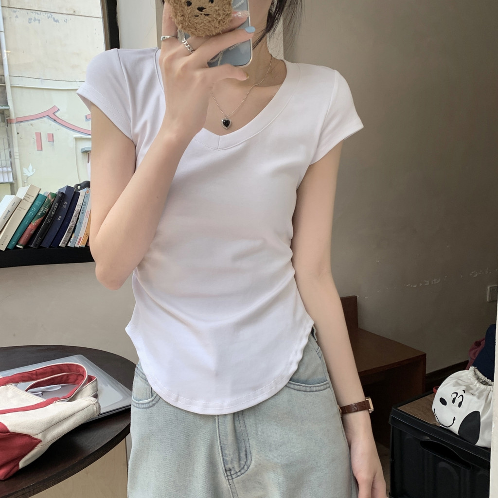 Áo Thun Ngắn Mỏng Cổ Chữ V Không Đều Mùa Hè Mới Cho Nữ