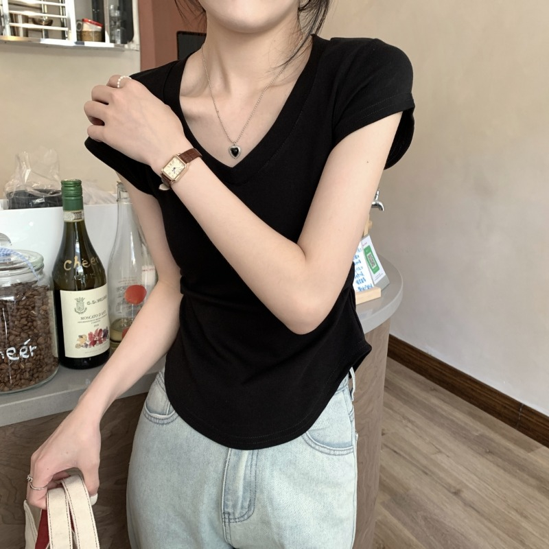 Áo Thun Ngắn Mỏng Cổ Chữ V Không Đều Mùa Hè Mới Cho Nữ