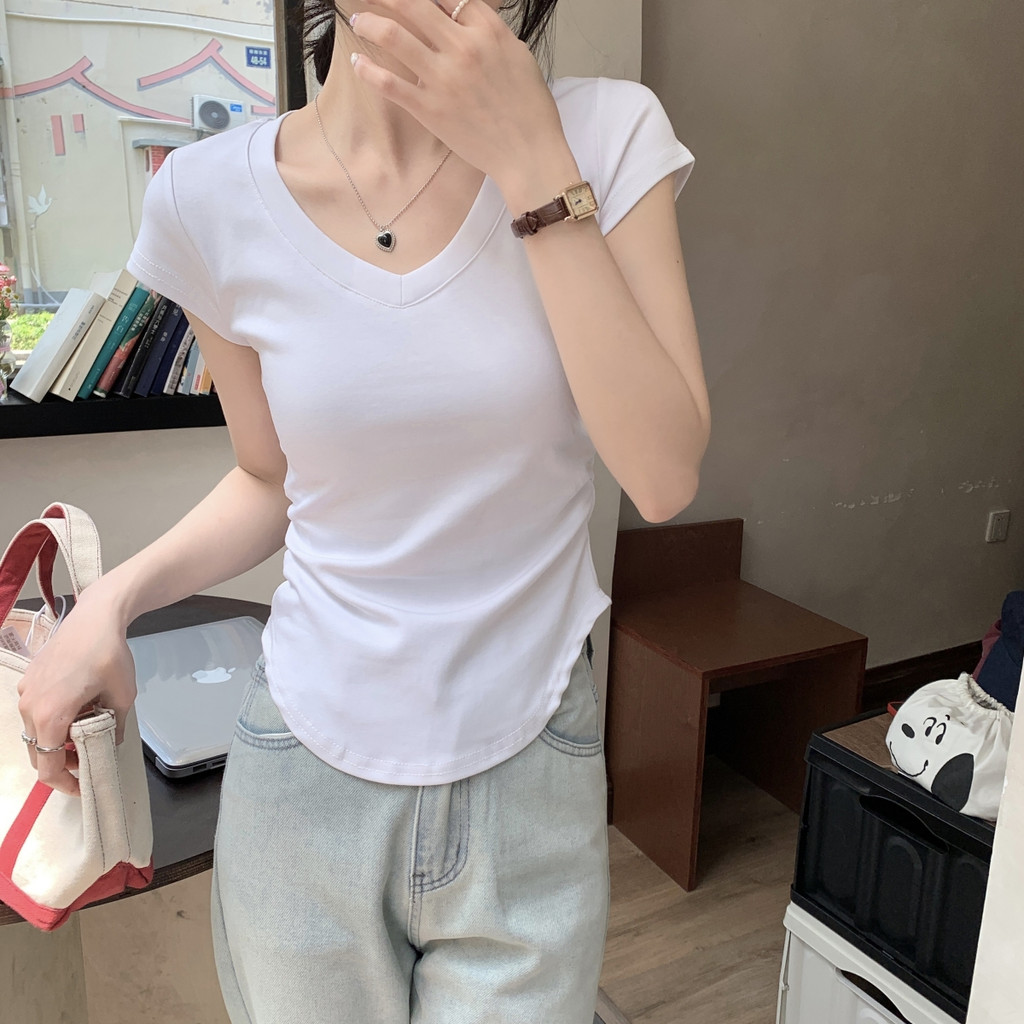 Áo Thun Ngắn Mỏng Cổ Chữ V Không Đều Mùa Hè Mới Cho Nữ