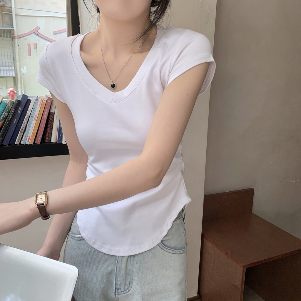 Áo Thun Ngắn Mỏng Cổ Chữ V Không Đều Mùa Hè Mới Cho Nữ