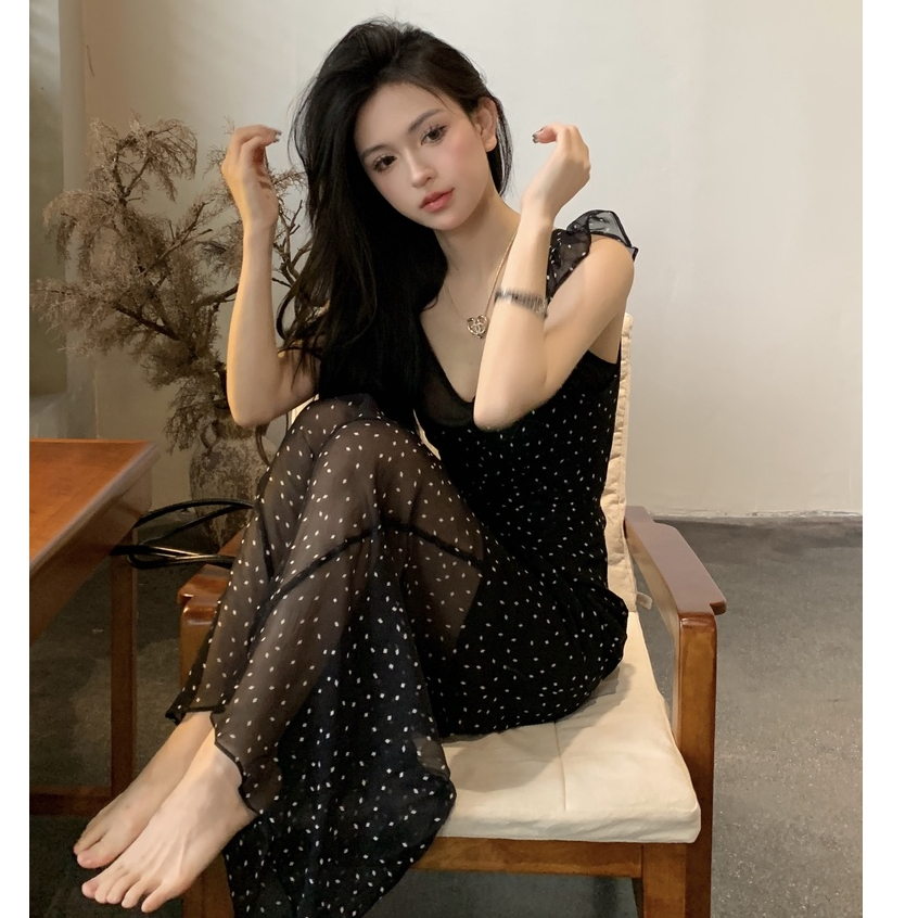 「Nonfatgirl」Đầm Voan Hai Dây Nhún Bèo Họa Tiết Chấm Bi Dáng Ôm Thời Trang Pháp Cho Nữ