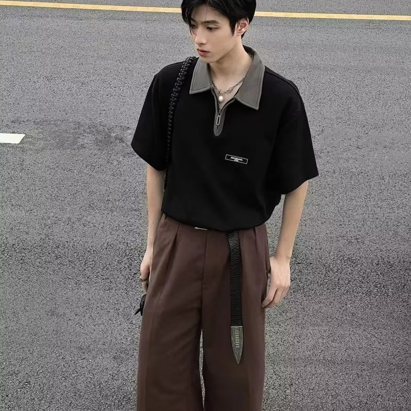 Áo Thun POLO Ngắn Tay Có Khóa Kéo Phong Cách retro Mỹ Cho Nam
