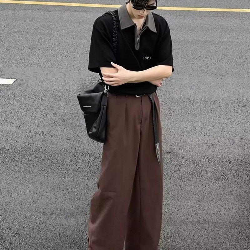 Áo Thun POLO Ngắn Tay Có Khóa Kéo Phong Cách retro Mỹ Cho Nam