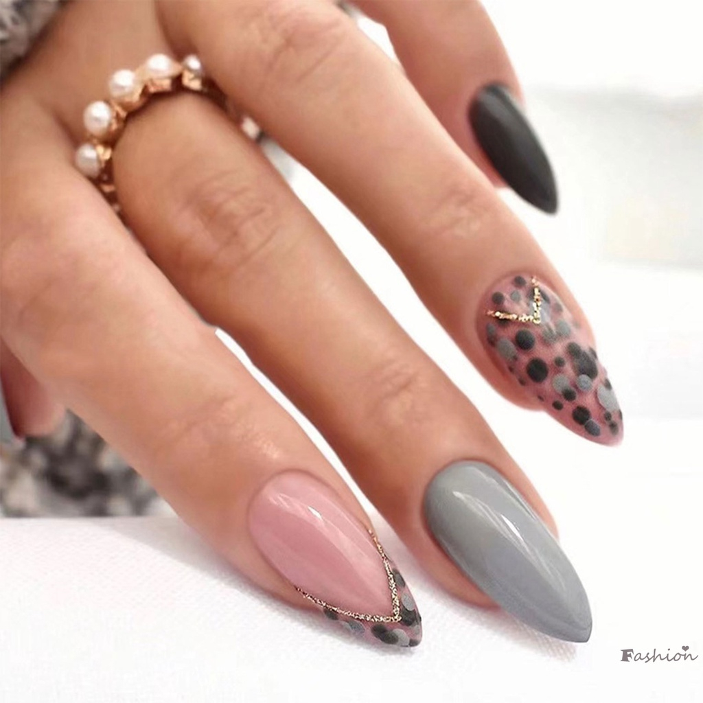 Móng Tay Giả Họa Tiết Chấm Bi Màu Xám Đen Mượt Mà Không Bong Tróc