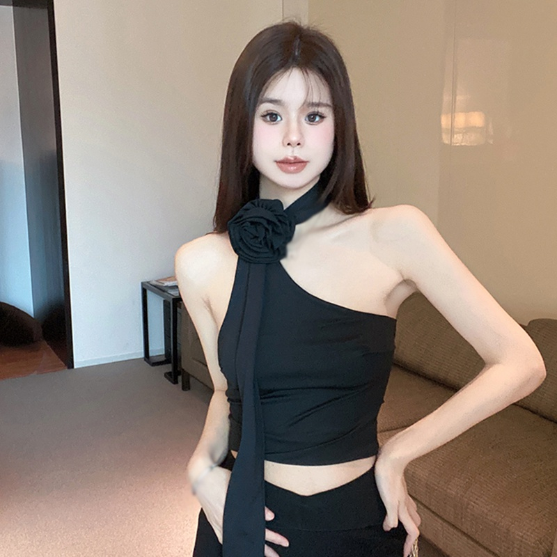 Áo Dệt Kim Hai Dây Dáng Ngắn Màu Trơn Họa Tiết Hoa Xinh Xắn Cho Nữ