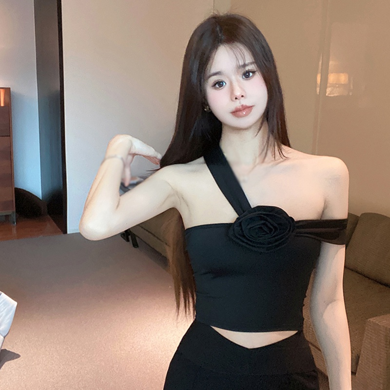 Áo Dệt Kim Hai Dây Dáng Ngắn Màu Trơn Họa Tiết Hoa Xinh Xắn Cho Nữ