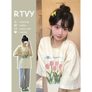 [Mã FADEP0706 giảm đến 30k đơn từ 99k] 【RTVY】Áo Thun Rộng Tay Ngắn Cổ Tròn In Hình Hoa Màu Trắng Đen Thời Trang Dành Cho Nữ