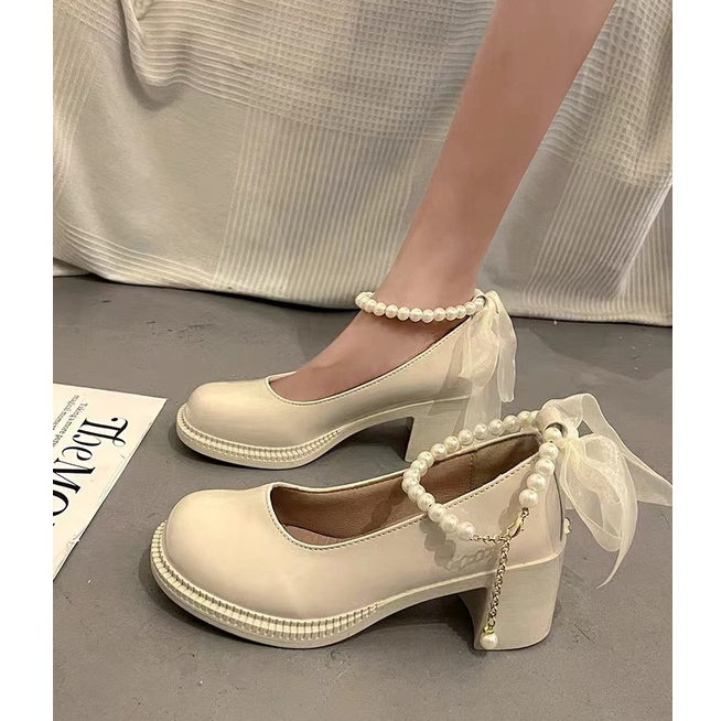 LORRTTA giày cao gót nữ giày nữ lolita giày Giày búp bê gót đại đính tinh thể 2023NEW 21Z23051606