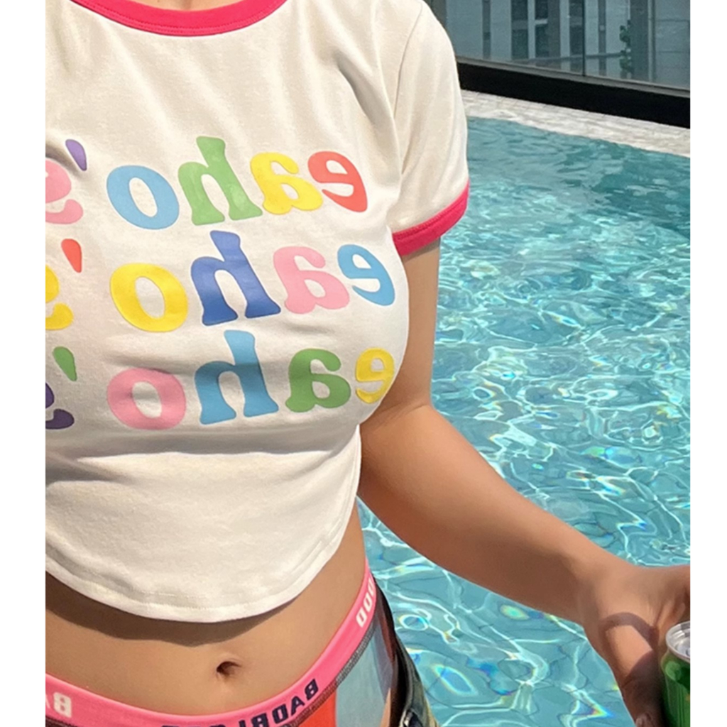 Eaho Áo Thun Tay Ngắn Cổ Tròn Dáng Ôm Vừa Vặn In Chữ Nhiều Màu Sắc Ngọt Ngào Phong Cách Mỹ Cho Nữ