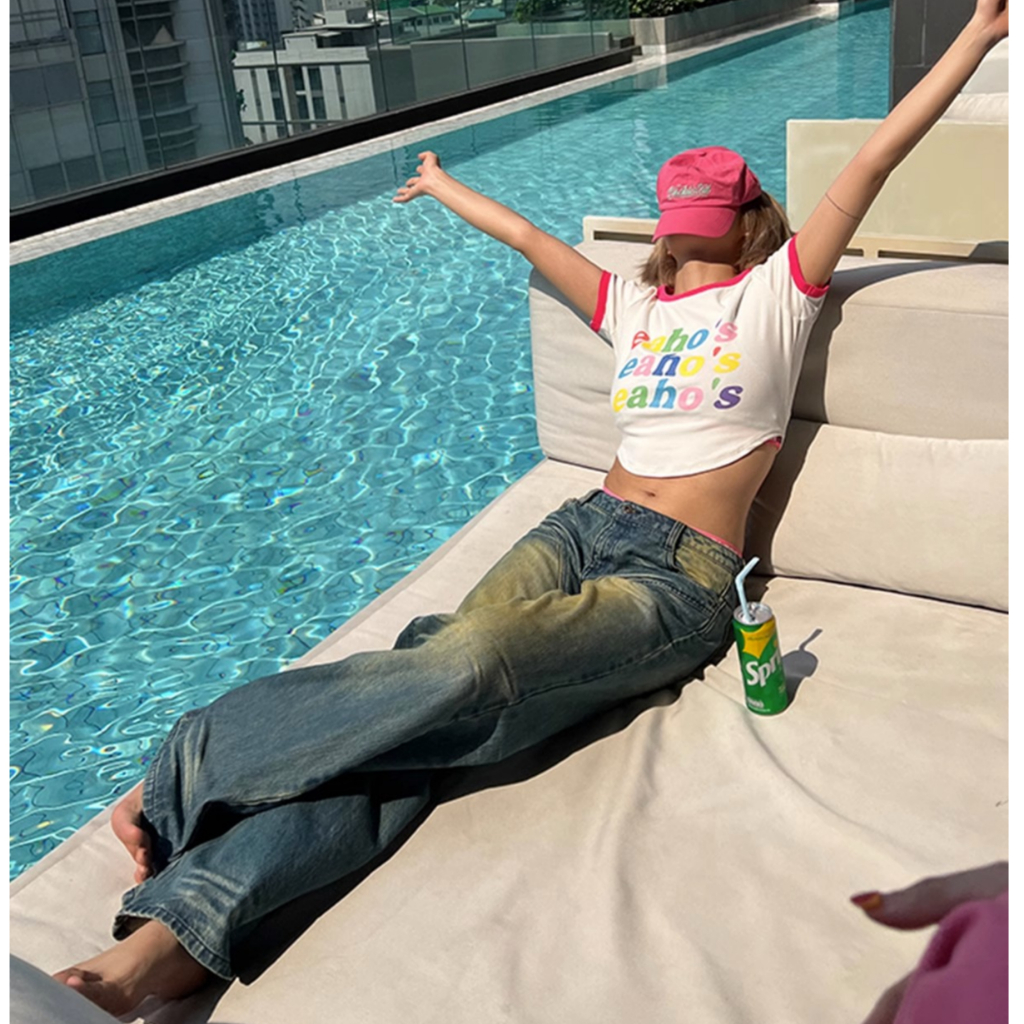 Eaho Áo Thun Tay Ngắn Cổ Tròn Dáng Ôm Vừa Vặn In Chữ Nhiều Màu Sắc Ngọt Ngào Phong Cách Mỹ Cho Nữ