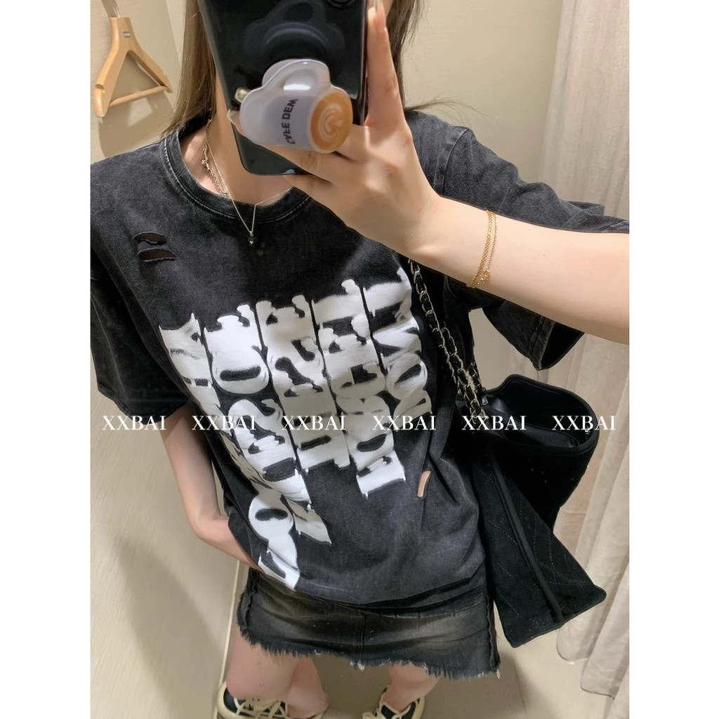 Áo Thun Tay Ngắn In Chữ Thiết Kế Rách Thời Trang Mùa Hè 2023 Phong Cách Mỹ Hàng Mới Dành Cho Bạn Nữ