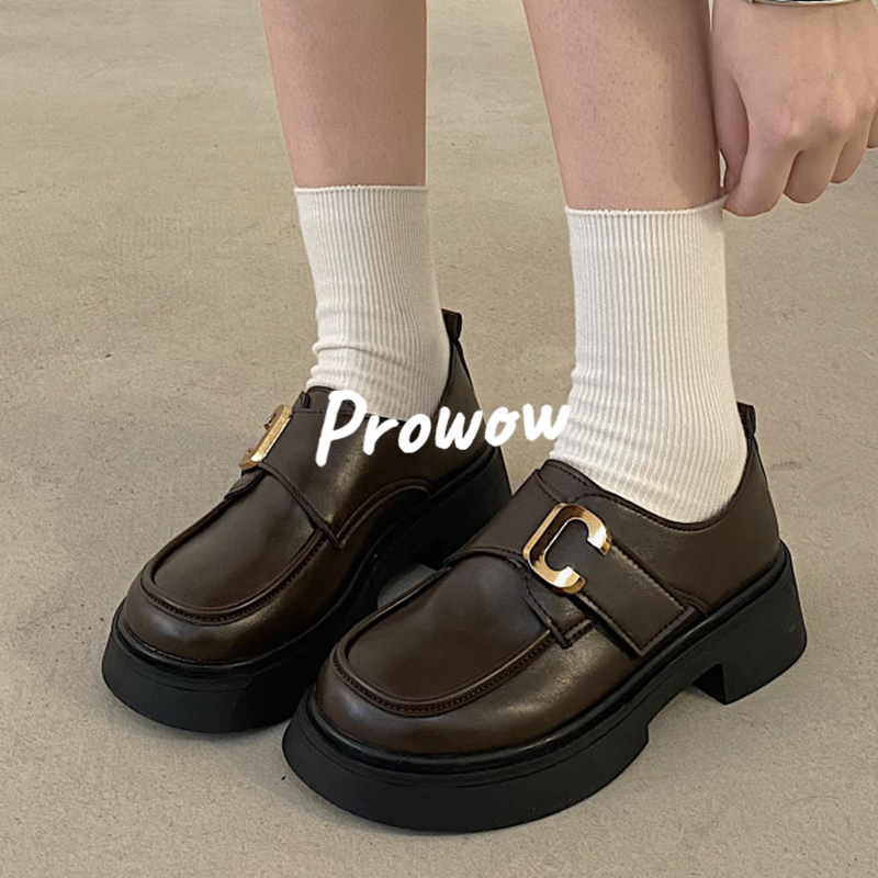 Prowow❤Giày Lười Da Đế Dày Mũi Lớn Phong Cách Anh Quốc Thời Trang Cho Nữ