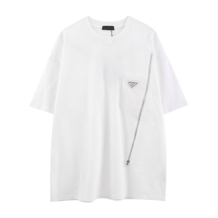 Áo Thun Cotton Ngắn Tay Cổ Tròn Phối Khóa Kéo Cổ Điển Cho Nam Nữ