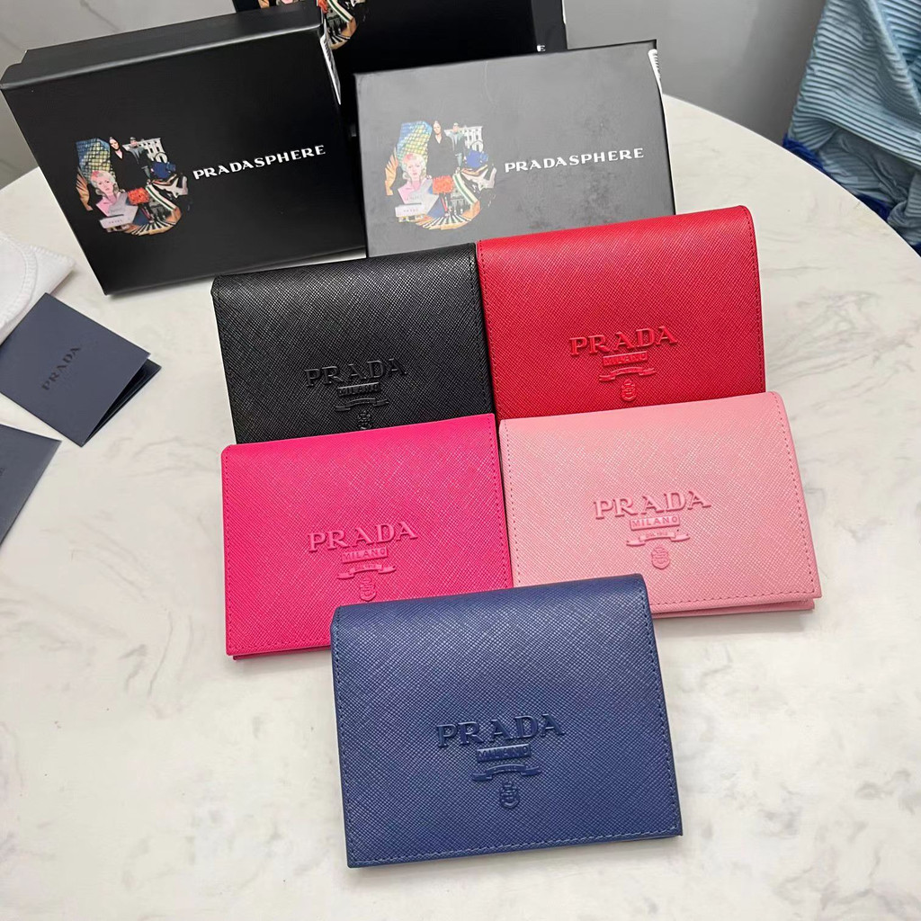 PRADA  Ví Đựng Tiền Xu 100% Da Bò Có Kẹp Họa Tiết Chữ Thập Cho Nam Và Nữ