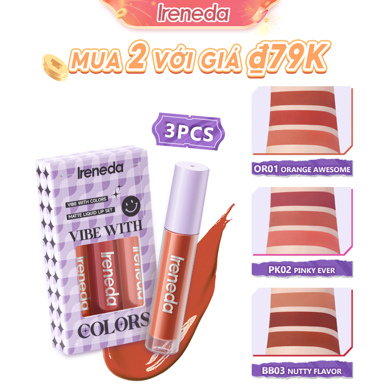 Ireneda Set 3 Thỏi Son Kem Màu Lì Sắc Tố Cao Trọng Lượng Nhẹ Lâu Trôi