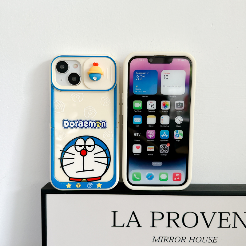Ốp Điện Thoại Hình Doraemon Có Thanh Trượt Bảo Vệ Ống Kính Máy Ảnh Cho iPhone 14 13 11 12 pro max Apple 13