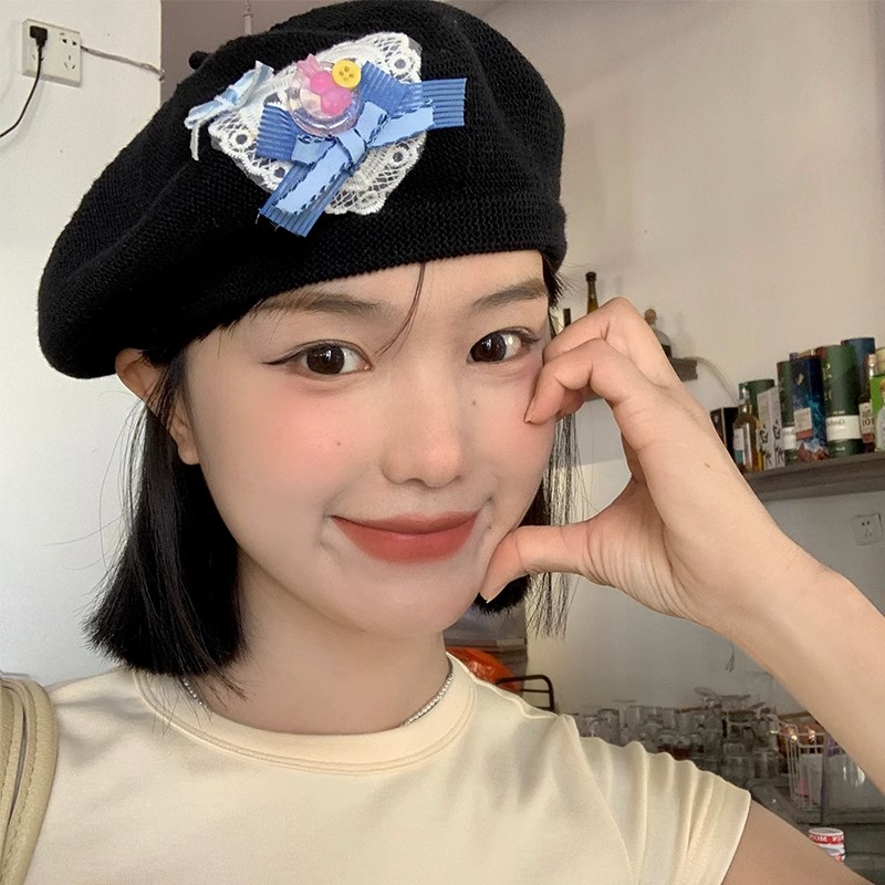 Mũ Beret Dệt Kim Mỏng Thoáng Khí Đính Nơ To Màu Đen Thời Trang Mùa Hè Cho Nữ