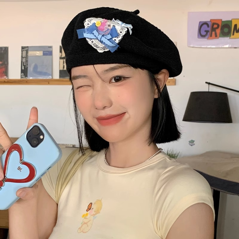 Mũ Beret Dệt Kim Mỏng Thoáng Khí Đính Nơ To Màu Đen Thời Trang Mùa Hè Cho Nữ