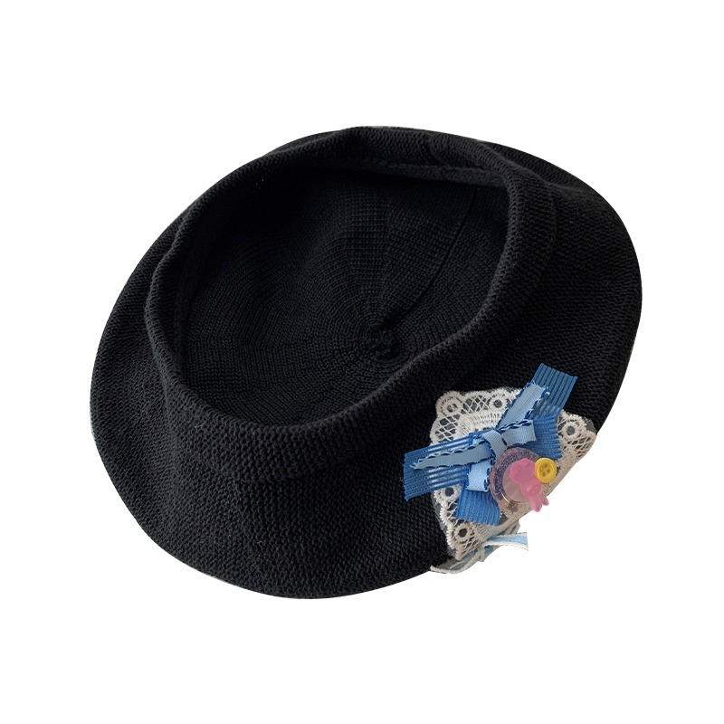 Mũ Beret Dệt Kim Mỏng Thoáng Khí Đính Nơ To Màu Đen Thời Trang Mùa Hè Cho Nữ