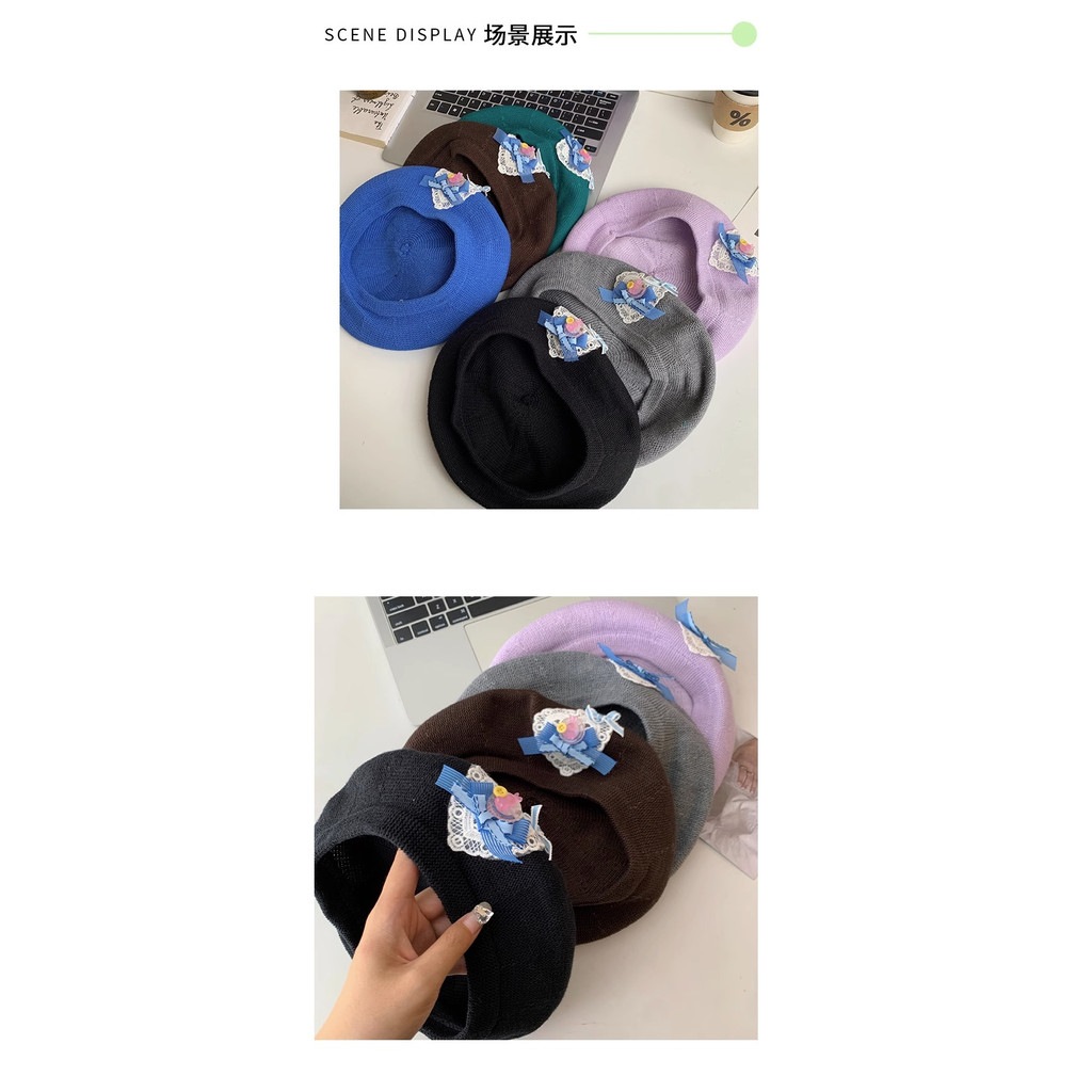 Mũ Beret Dệt Kim Mỏng Thoáng Khí Đính Nơ To Màu Đen Thời Trang Mùa Hè Cho Nữ