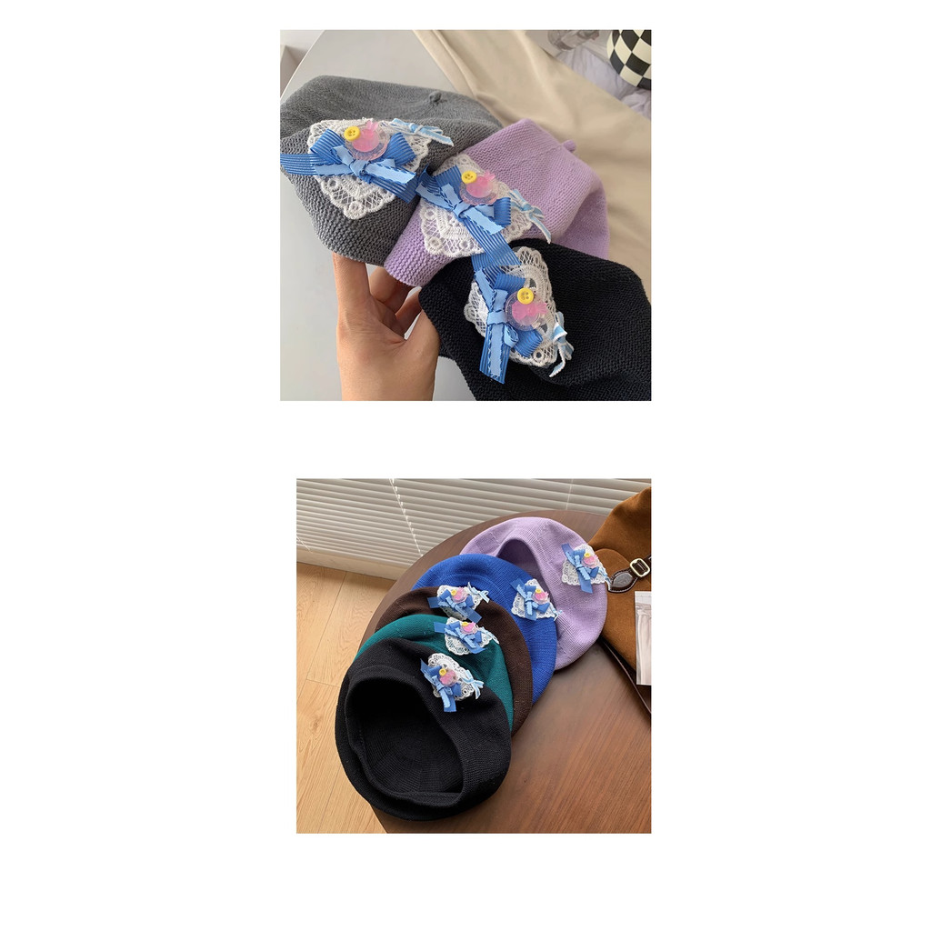 Mũ Beret Dệt Kim Mỏng Thoáng Khí Đính Nơ To Màu Đen Thời Trang Mùa Hè Cho Nữ