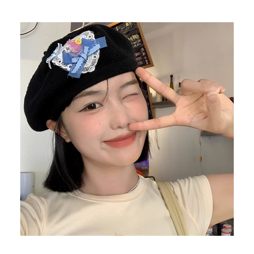 Mũ Beret Dệt Kim Mỏng Thoáng Khí Đính Nơ To Màu Đen Thời Trang Mùa Hè Cho Nữ