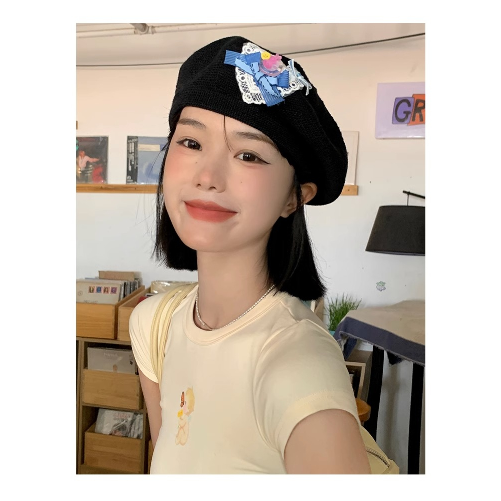 Mũ Beret Dệt Kim Mỏng Thoáng Khí Đính Nơ To Màu Đen Thời Trang Mùa Hè Cho Nữ