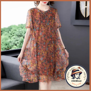 Đầm trung niên Bigsize nữ Váy hoa nhí voan dáng suông tay ngắn cổ tròn mùa hè，Đầm trung niên sang trọng cho mẹ đẹp thời trang Cao Cấp