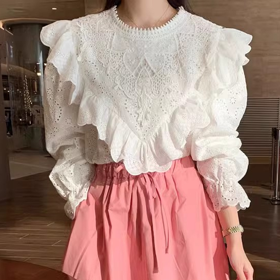 Áo Kiểu Tay Dài Cổ Tròn Dáng Rộng Phối Ren Thời Trang Hàn Quốc Cho Nữ