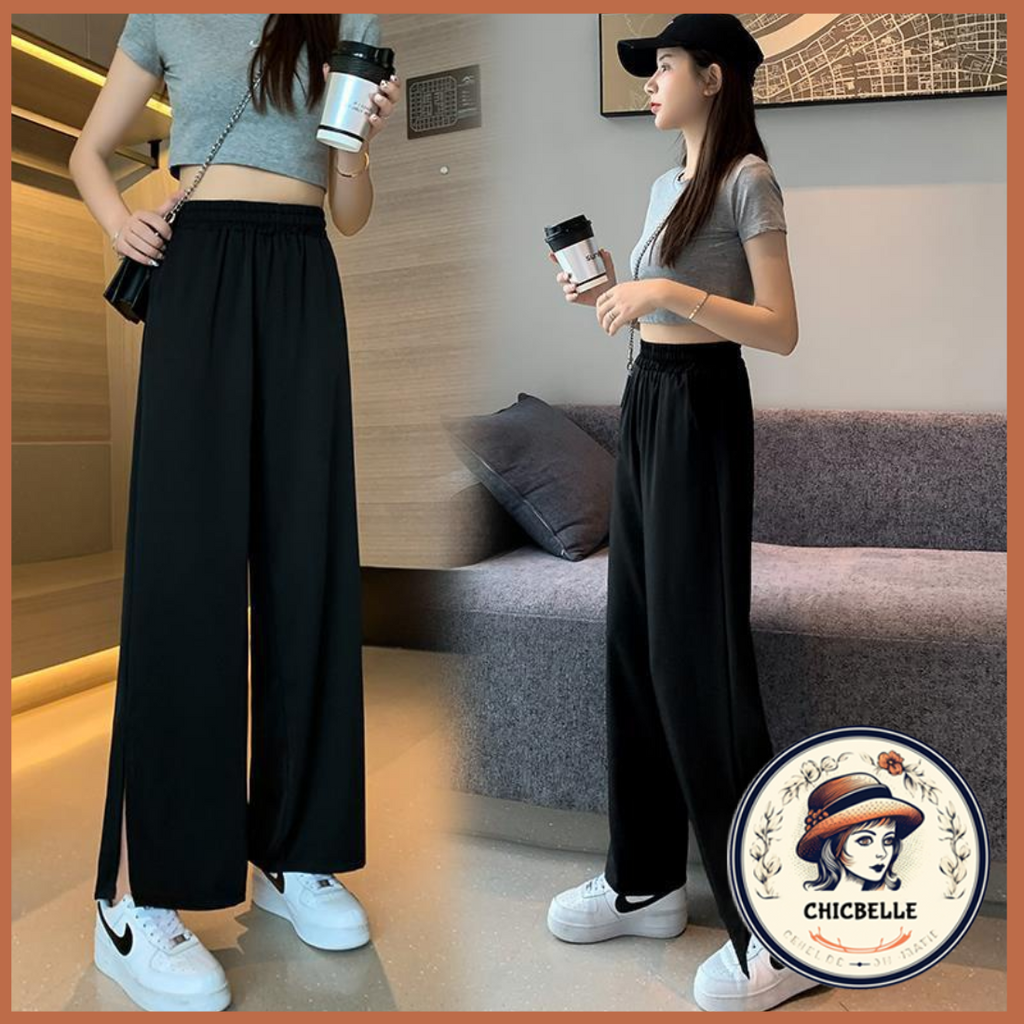 Quần Dài Nữ Bigsize Quần Ống Rộng Suông Nữ Cạp Chun Lưng Thun Cạp Cao Xẻ Tà Mùa Hè Đen Phong Cách Hàn Quốc Thời Trang Cá Tính Xinh Đẹp Cho NgưỜi MậP Béo Nữ ChicBelle