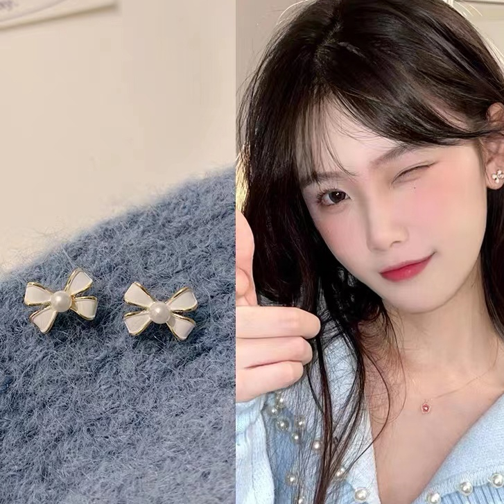 Khuyên Tai s925 Đính Nơ Ngọc Trai Cao Cấp Thời Trang Dành Cho Nữ