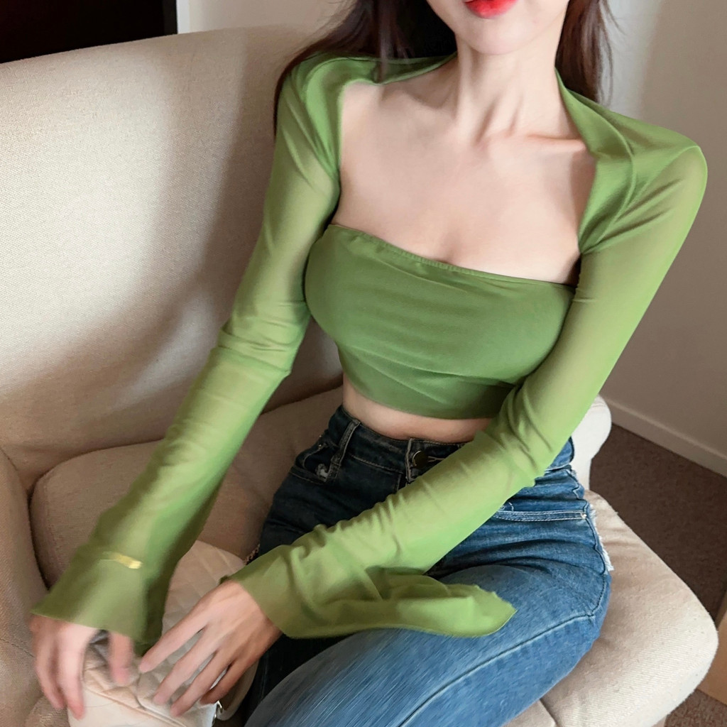 QKOOLE Set Áo Ống Màu Trơn Và Áo Lưới Tay Dài Chống Nắng Thời Trang Mùa Hè Quyến Rũ Cho Nữ