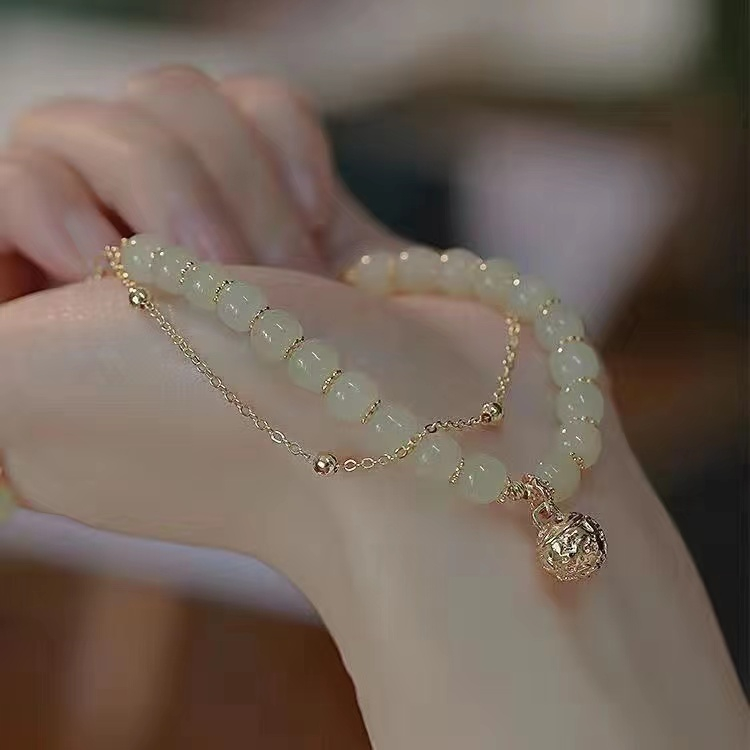 Laurel Vòng Tay Hai Lớp Xỏ Hạt Ngọc Bích Thiết Kế Hình Thỏ Màu Xanh Lá Cây Phong Cách Mới Làm Quà Tặng