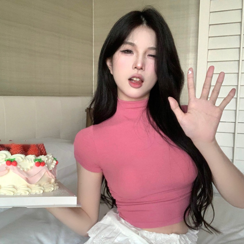 Áo Thun Crop top Tay Ngắn Cổ Lọ Màu Sắc Thời Trang Mùa Hè Quyến Rũ Cho Nữ