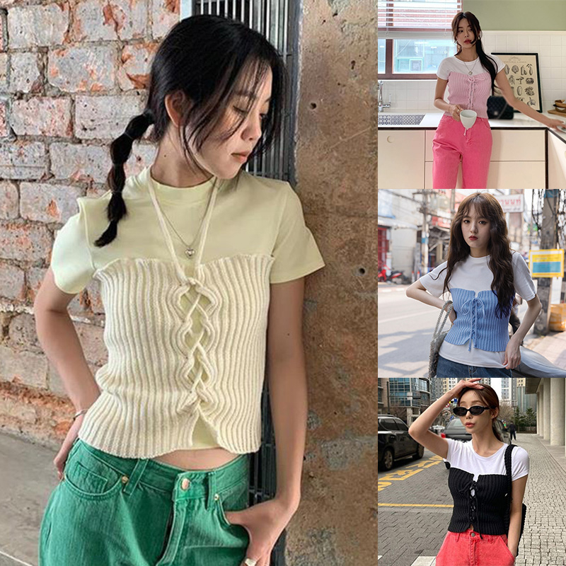 Áo Croptop Dệt Kim Màu Sắc Trơn Thời Trang Mùa Hè Phong Cách Hàn Quốc Cho Nữ
