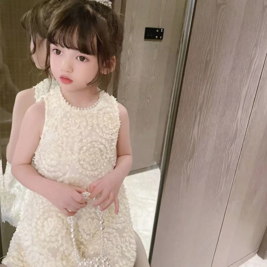 Mùa hè cô gái stereo hoa ngọc trai cổ áo tay đầm bướm lễ hội công chúa váy