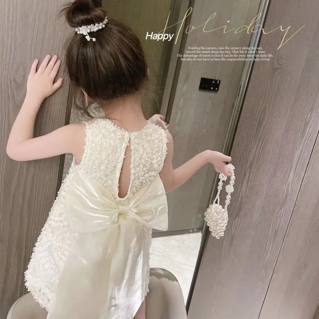 Mùa hè cô gái stereo hoa ngọc trai cổ áo tay đầm bướm lễ hội công chúa váy