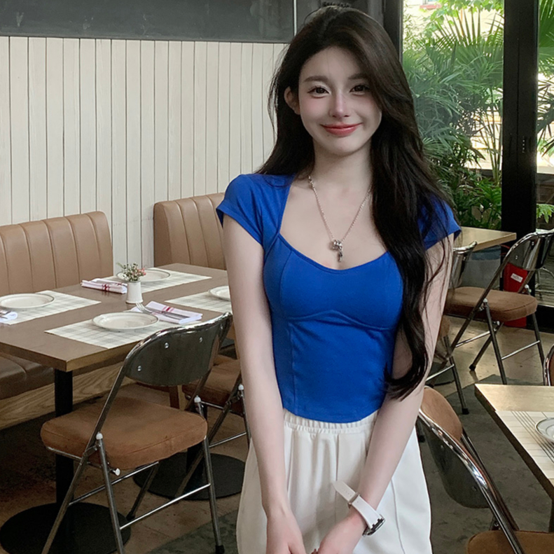Áo Thun Tay Ngắn Cổ Vuông Thiết Kế Không Đều Có Đệm Ngực Thời Trang Mùa Hè Hàng Mới Dành Cho Bạn Nữ