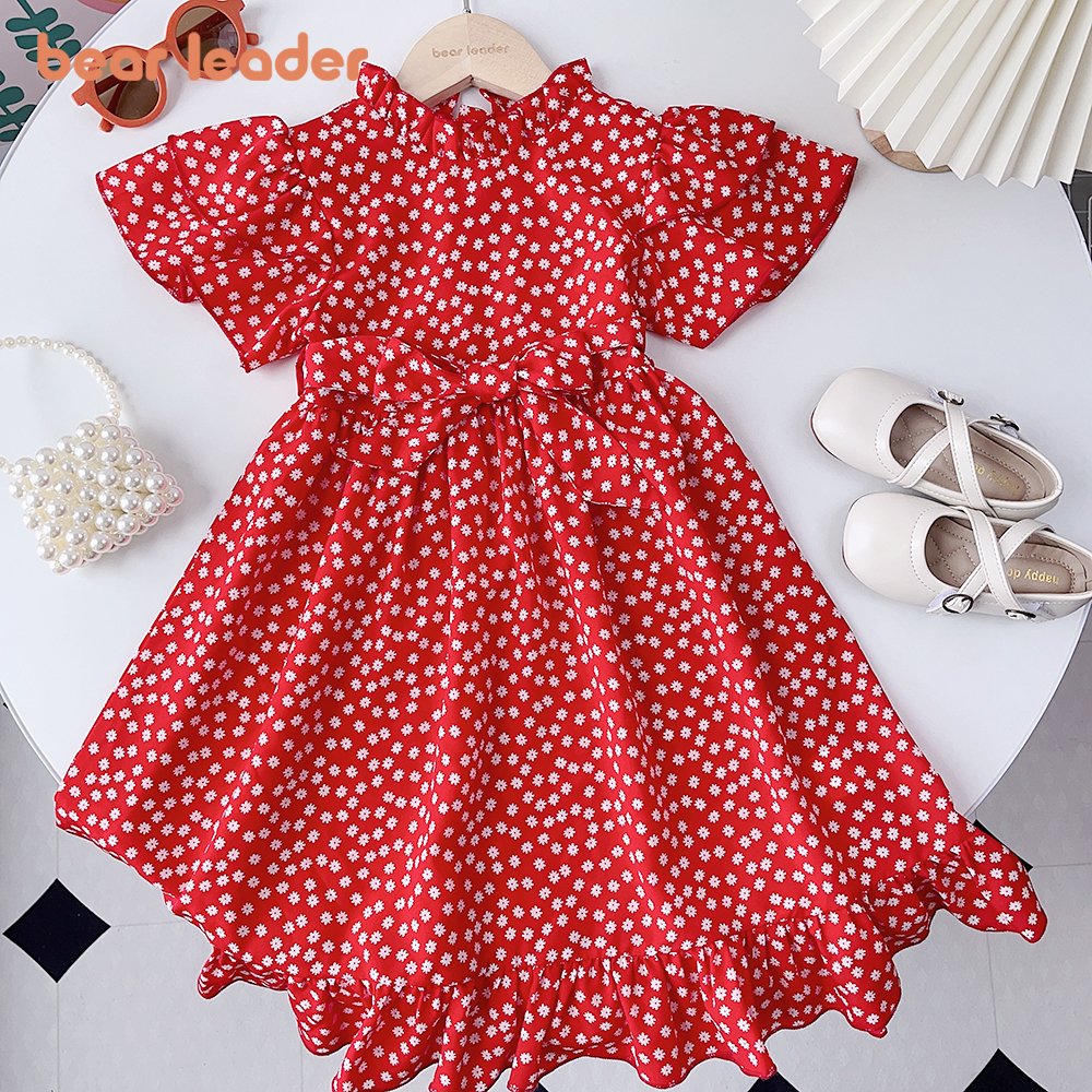 BEAR LEADER Đầm Cổ Đứng Nhún Bèo In Họa Tiết Hoa &amp; Gấu Phong Cách Hàn Quốc Thời Trang Mùa Hè 2023 Cho Bé Gái 4-7 Tuổi