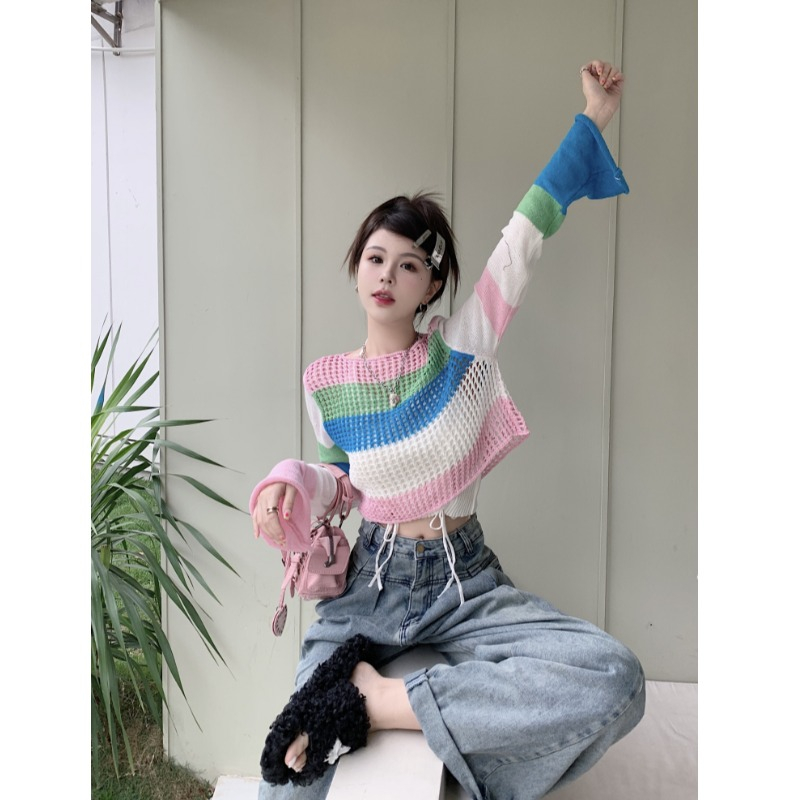 HUANG YOYO Áo croptop Màu Sắc Áo Len Lưới Tay Dài Họa Tiết Kẻ Sọc Nhiều Màu Thời Trang Mùa Hè Cho Nữ