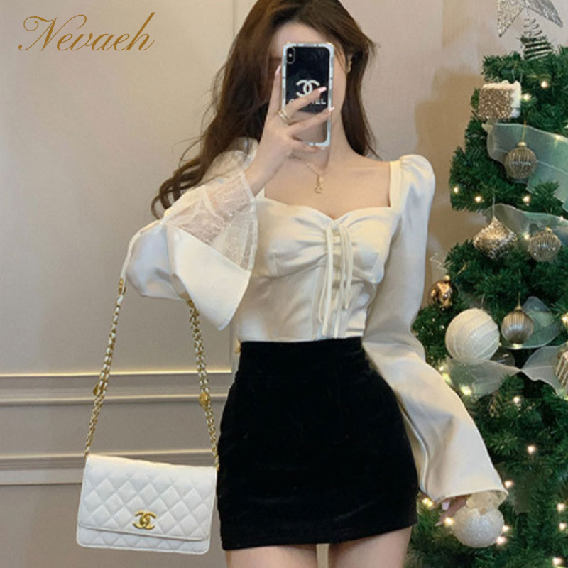 Áo Sơ Mi Vải satin Tay Dài Ống Loe Thắt Nơ Thời Trang Pháp 2023 Mới