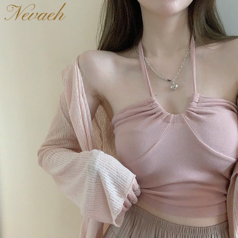 Neeeh Áo Hai Dây Ngắn Hở Lưng Màu Hồng Tinh Khiết Quyến Rũ Phong Cách Hong Kong Cho Nữ