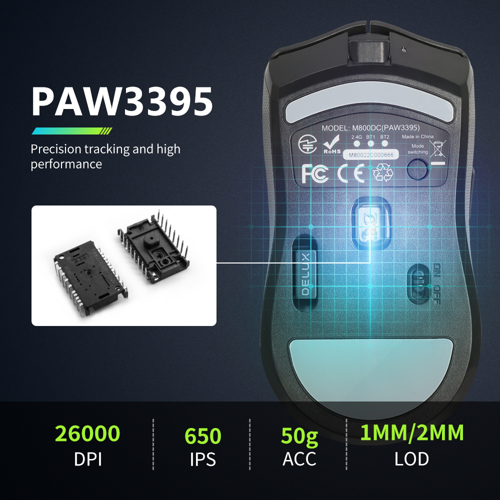 Chuột gaming DELUX M800 PRO PAW3395 không dây trọng lượng nhẹ cao cấp 72g