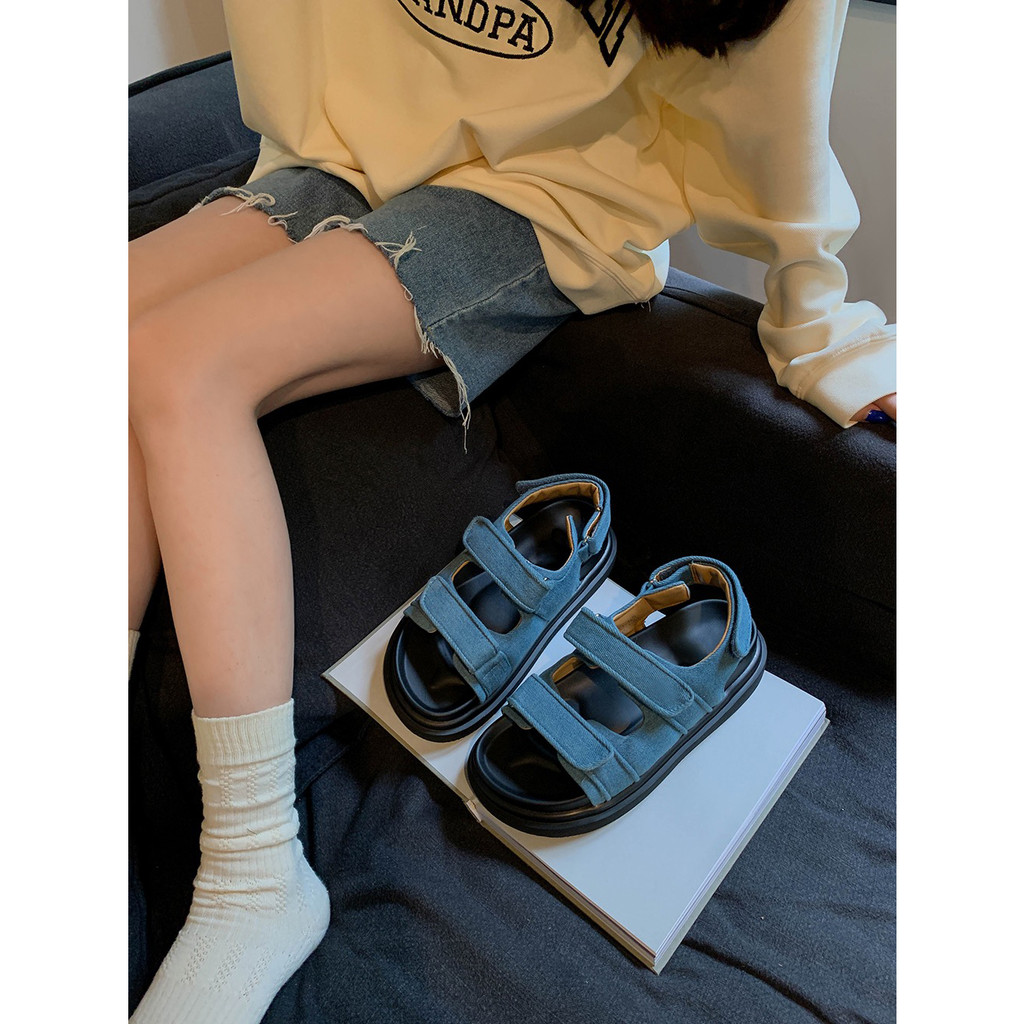 Giày Sandal Quai Dán Đế Dày Hở Ngón Quai Vải Denim Phong Cách Mới Dành Cho Bạn Nữ Mặc Ngoài Trời Đi