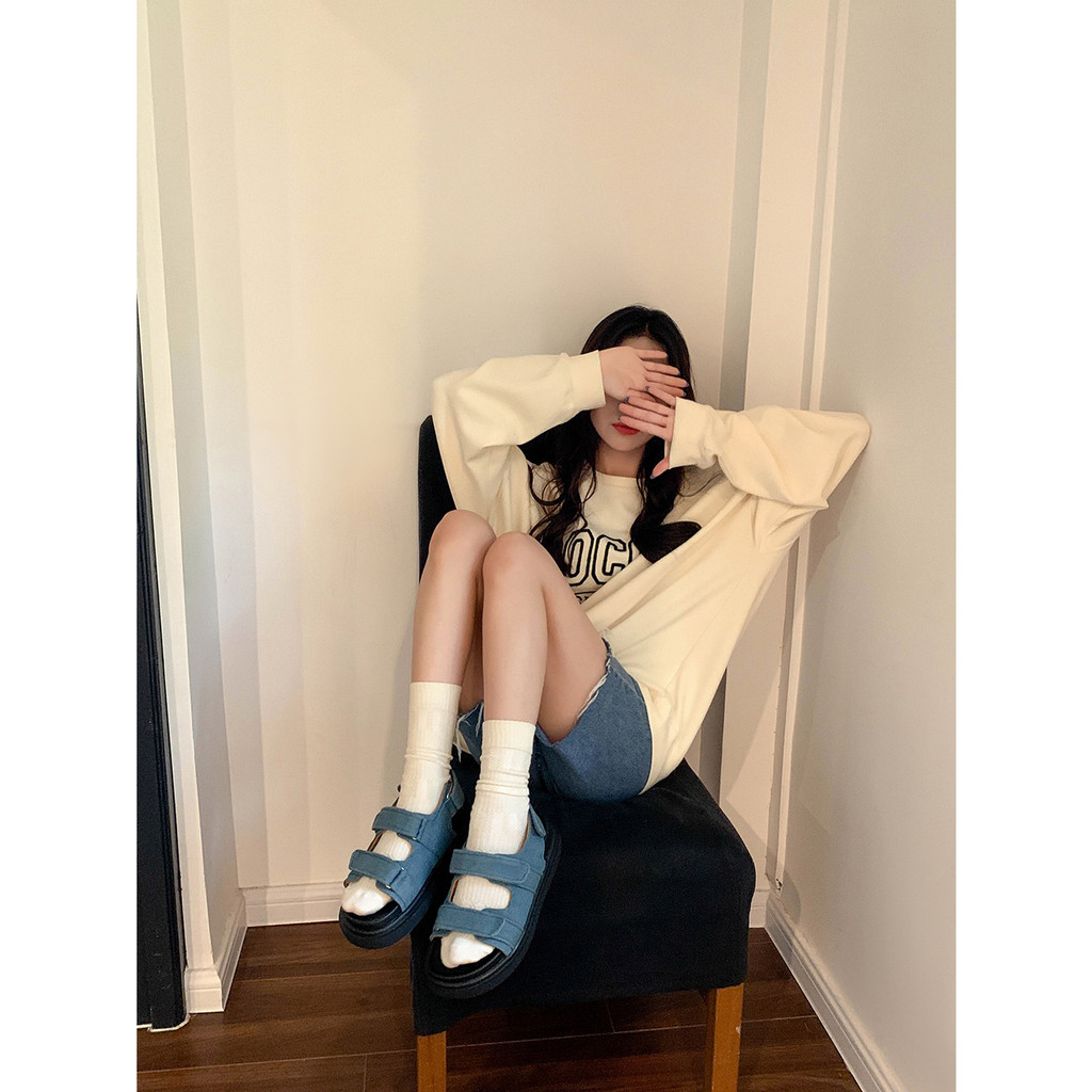 Giày Sandal Quai Dán Đế Dày Hở Ngón Quai Vải Denim Phong Cách Mới Dành Cho Bạn Nữ Mặc Ngoài Trời Đi