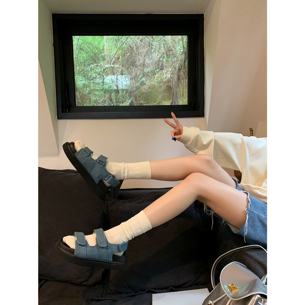 Giày Sandal Quai Dán Đế Dày Hở Ngón Quai Vải Denim Phong Cách Mới Dành Cho Bạn Nữ Mặc Ngoài Trời Đi