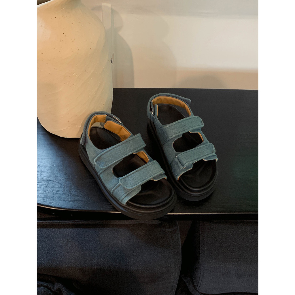 Giày Sandal Quai Dán Đế Dày Hở Ngón Quai Vải Denim Phong Cách Mới Dành Cho Bạn Nữ Mặc Ngoài Trời Đi