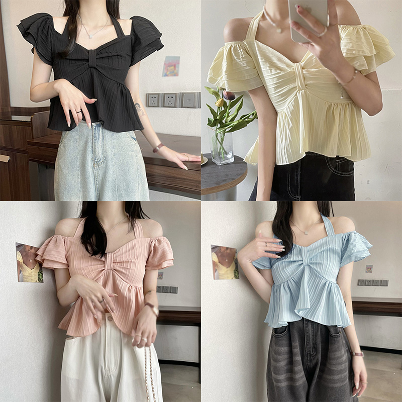 Áo Croptop Tay Ngắn Màu Trơn Phối Nơ Thời Trang Mùa Hè Xinh Xắn Cho Nữ