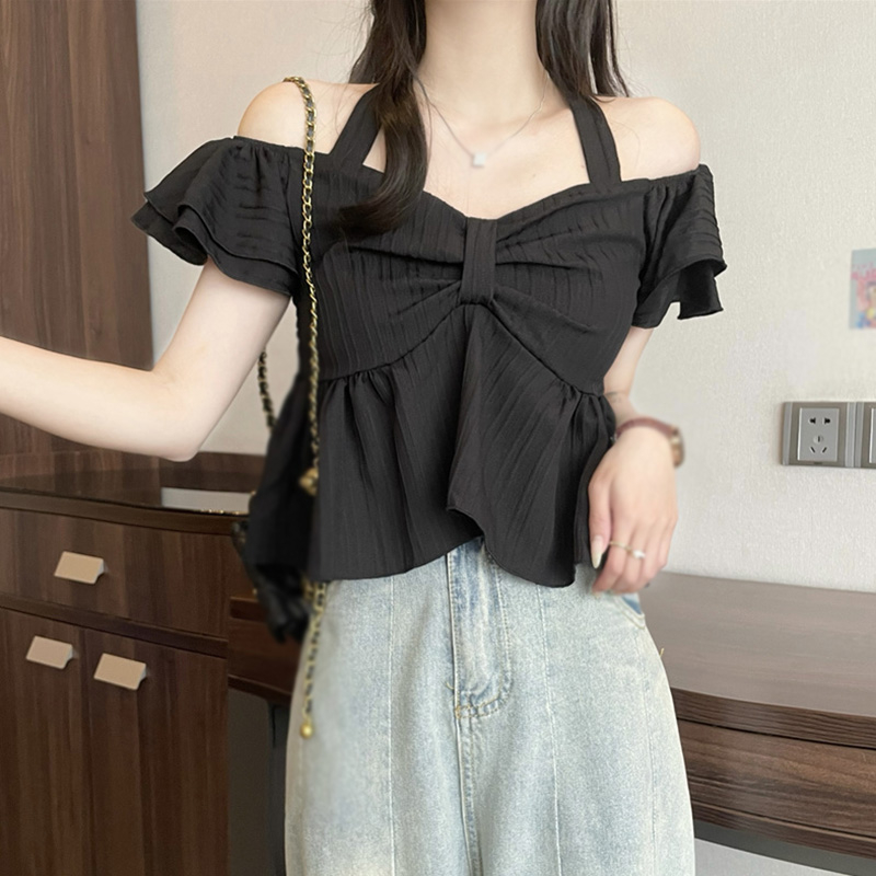 Áo Croptop Tay Ngắn Màu Trơn Phối Nơ Thời Trang Mùa Hè Xinh Xắn Cho Nữ